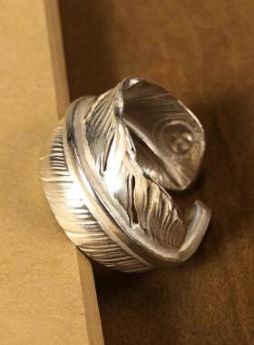 手工高桥吾朗戒指男潮开口insXL素羽毛指环女鹰戳情侣对戒925纯银