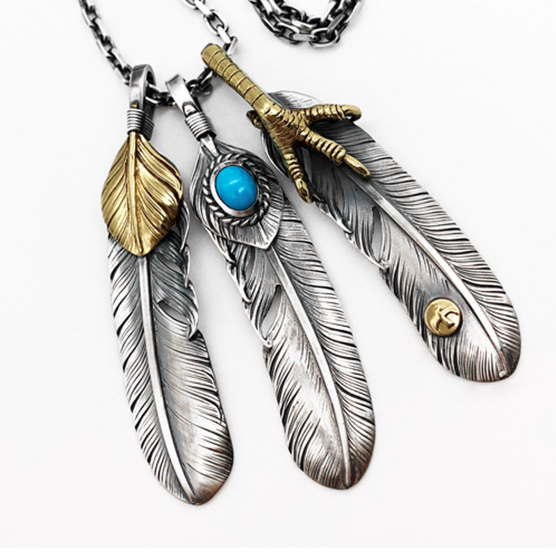 高桥松石羽毛项链难情侣颈链女925纯银复古套链鹰爪羽毛吊坠