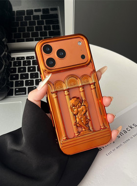 镂空小天使适用苹果17promax手机壳橙橘色iphone16pro保护套软边防刮15散热软胶14电镀磨砂高级情侣绝美好看