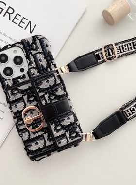 适用苹果15/17promax手机壳潮牌D家iphone16可插卡包挂绳斜跨保护套14复古高级老花布艺刺绣欧美奢华气质好看