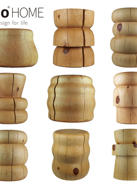 idao宜道创意个性设计师家居松木原木实心凳子边桌茶几手工雕刻