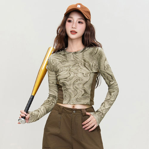 美式复古扎染印花长袖T恤女