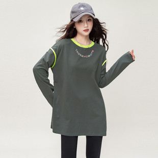 ILOVECHOC撞色时尚领口印花宽松T恤2025秋j季长袖拼接圆领上衣