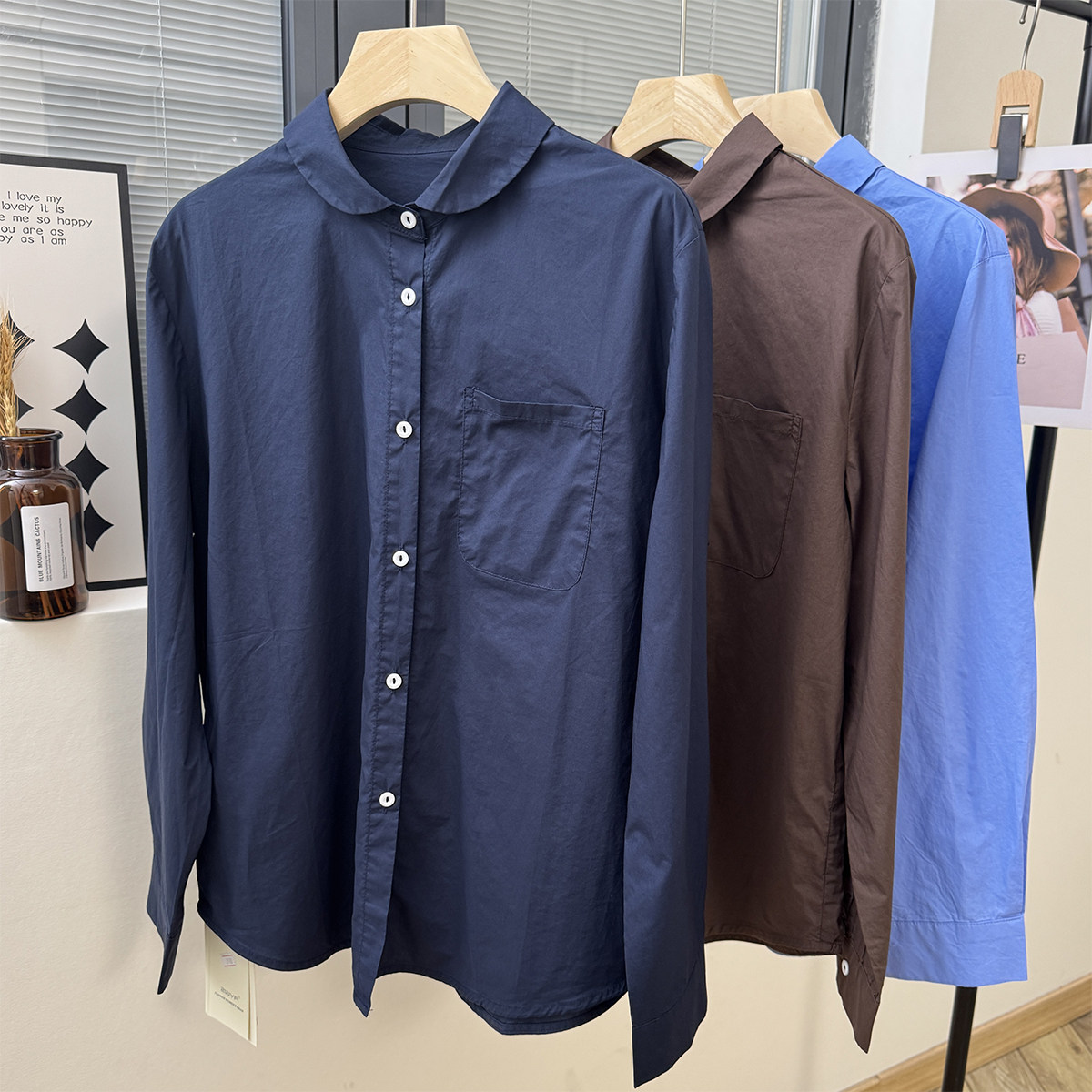 法式文艺彼得潘娃娃领薄款宽松遮臀全棉纯色衬衫百搭文艺叠穿衬衣