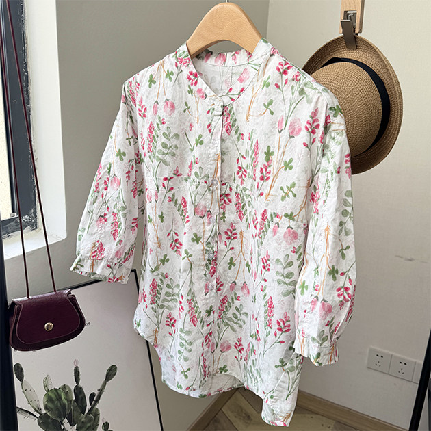 设计感蝙蝠袖红花绿叶印花七分袖BF风假口袋纯棉宽松半袖衬衫女式