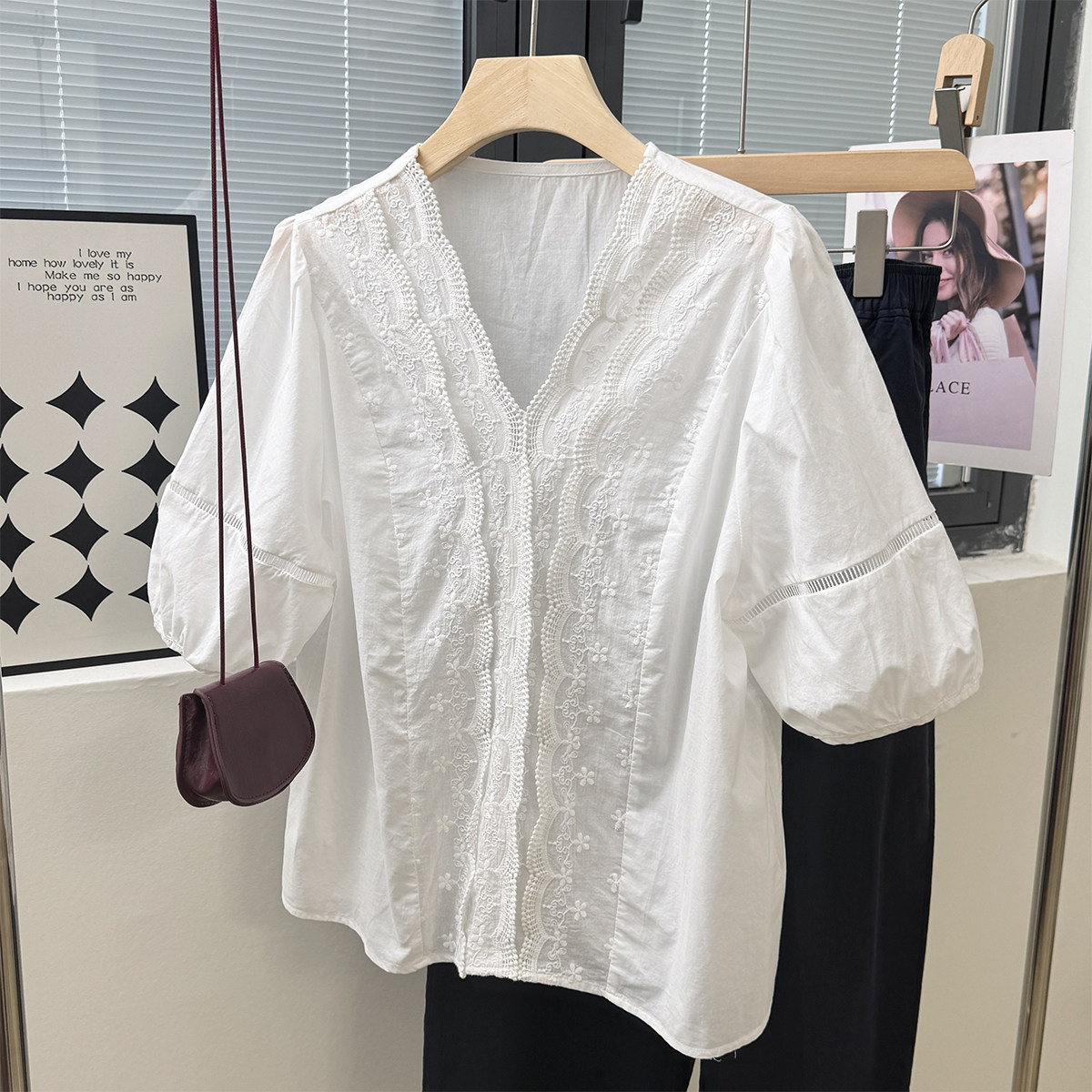 法式蕾丝边V领超仙中袖五分袖衬衫纯棉轻薄宽松套头小灯笼袖小衫