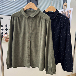 法式复古彼得潘领碎花深色内搭叠穿衬衣女休闲宽松灯芯绒打底衬衫