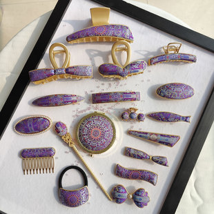 非遗宋锦发夹三马紫八达真丝国风饰品发绳抓夹镜子边夹发簪弹簧夹