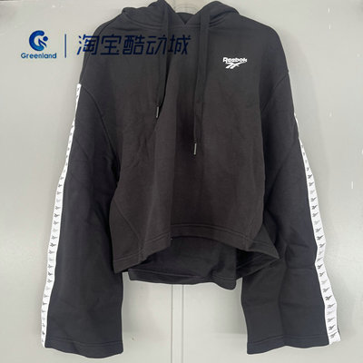 Reebok锐步女串标运动加绒保暖短款连帽喇叭袖套头衫卫衣EB4248