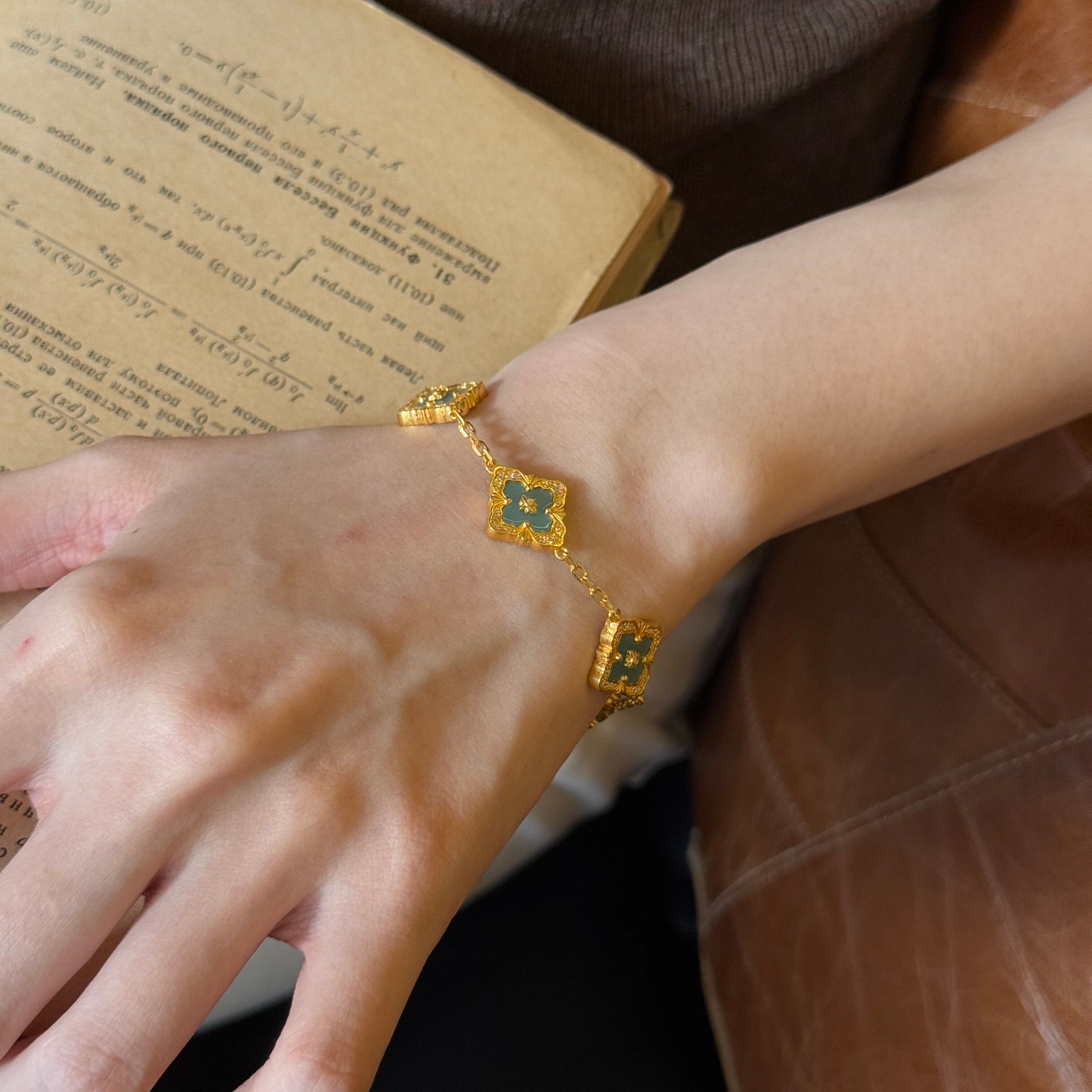 千夕 足金999满钻四叶草天河石黄金手链女款情人节生日礼物送老婆