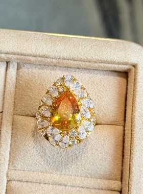 千夕足金999满钻黄色水滴黄金戒指女款送女友七夕情人节生日礼物