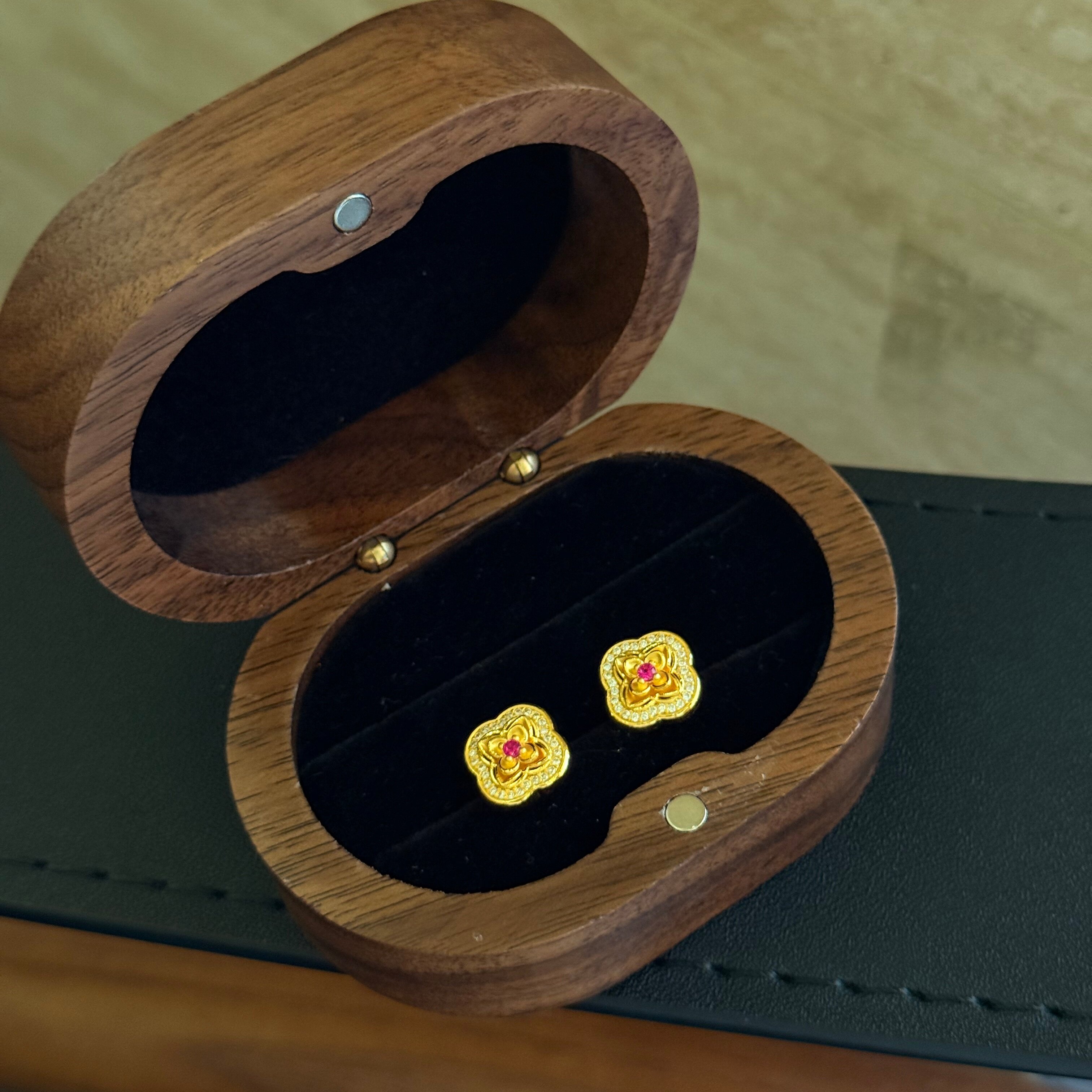 千夕 足金999满钻玫瑰耳钉黄金耳饰女款送女友老婆情人节生日礼物