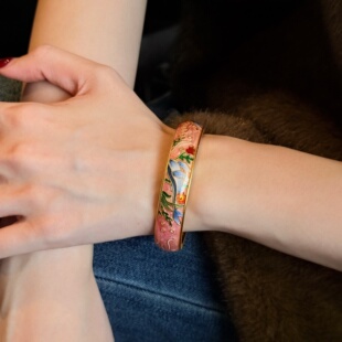 千夕 情人节生日礼物送女友 足金9995D鲸落粉霞镯黄金手镯女款