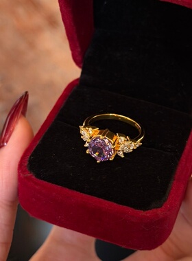 千夕足金999星芒淡紫钻戒黄金戒指可爱女款情人节生日礼物送女友