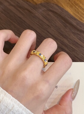 千夕 足金999十六石白蓝戒黄金戒指女款求婚情人节生日礼物送女友