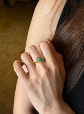 千夕 足金999旦形绿松戒指黄金戒指女款求婚情人节生日礼物送女友