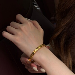 千夕 情人节生日礼物送女友 足金999吉言碎碎冰手镯黄金手镯女款