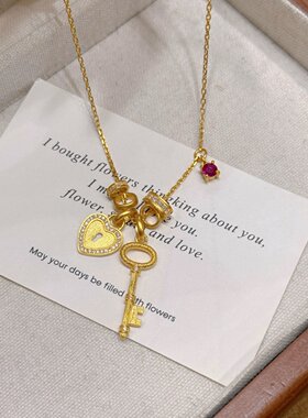 千夕 足金999同心锁匙项链黄金项链女款情人节生日礼物送女友老婆