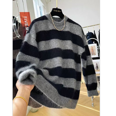 2136【宽松黑灰大条纹大毛衣外套】秋季新款女士针织衫上衣宽松外