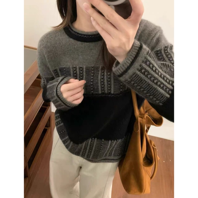 3577【设计感拼色毛衣】秋冬新款百搭女士针织衫外穿上衣