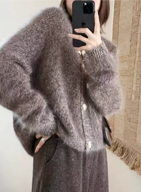 3602【V领毛茸茸花纱开衫】秋冬新款韩版针织衫女士气质百搭上衣