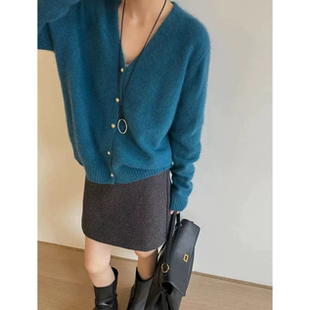 RC【V领孔雀蓝开衫】秋季新款针织衫宽松外穿女士慵懒风毛衣外套