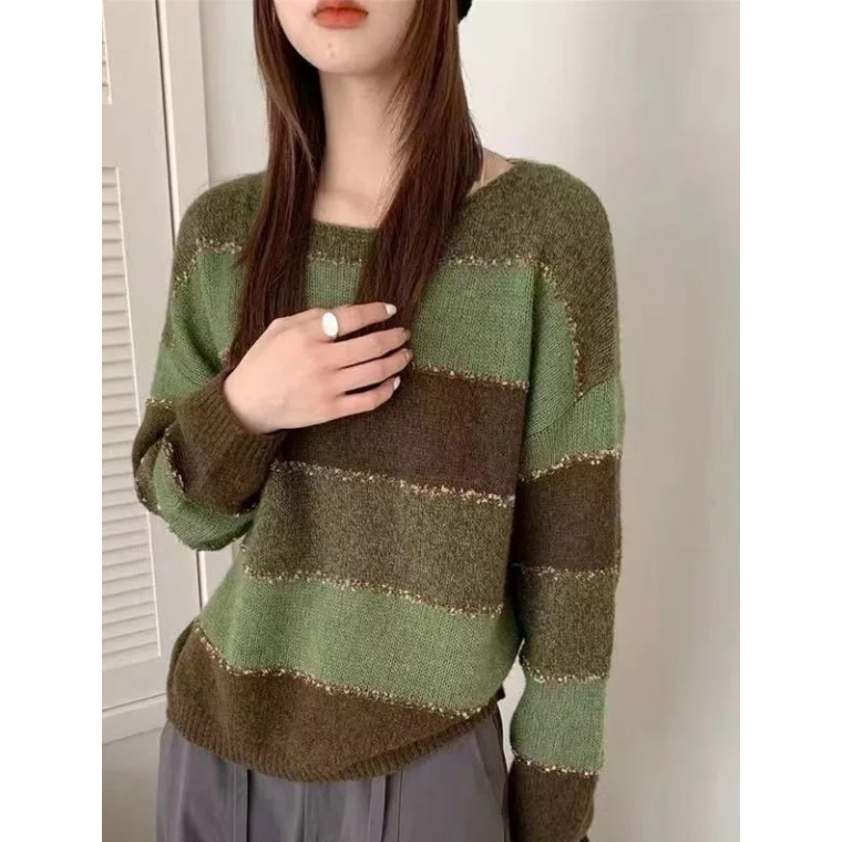 3398【圆领宽松条纹毛衣】秋冬新款女士韩版针织衫上衣