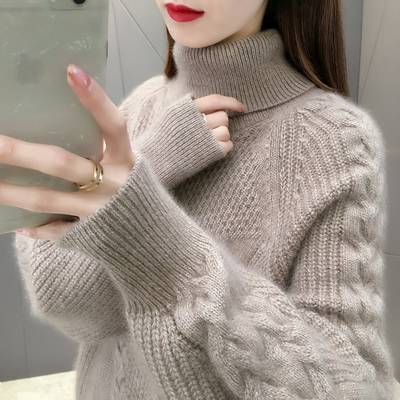 2188【高领灯笼袖V麻花加厚毛衣】森系宽松外穿年秋冬新款针织衫