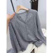 新款 巨百搭秋季 V领女士百搭针织上衣 珠光领开衫 3458