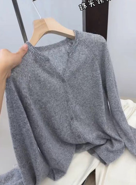3458【珠光领开衫】巨百搭秋季新款V领女士百搭针织上衣