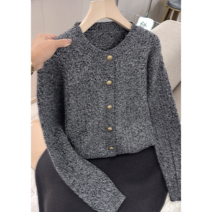 韩版 2036 新款 春季 毛衣外套宽松慵懒风女上衣 老钱风黑灰色开衫