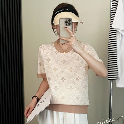 2095【四叶草浮雕针织衫】春夏新品撞色圆领短袖薄款女士上衣