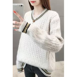 2236【V领金丝边麻花毛衣】宽松复古慵懒风女士内搭针织衫