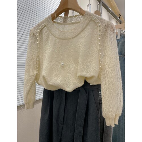 2080【泡泡袖肩部钉珠】夏装立体浮雕圆领短袖薄款气质镂空针织衫