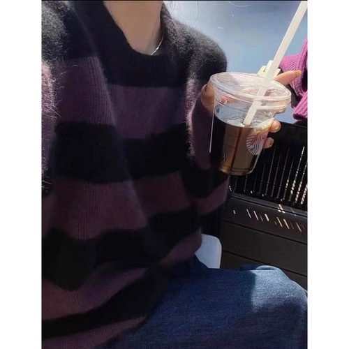 RC【宽条纹加厚毛衣】秋冬新款圆领条纹针织宽松女士上衣