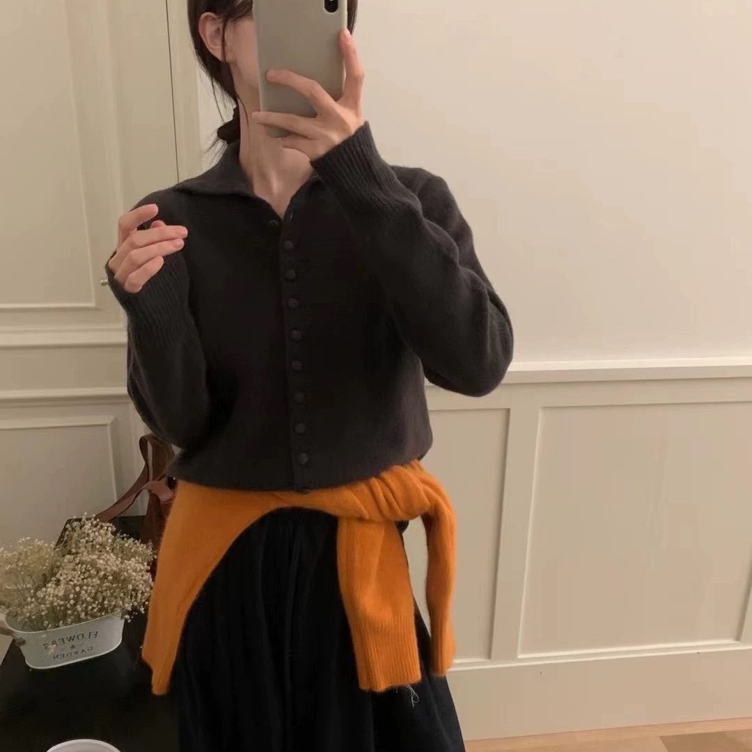 2141【复古翻领包扣开衫】秋冬法式加厚毛衣百搭宽松外穿针织衫