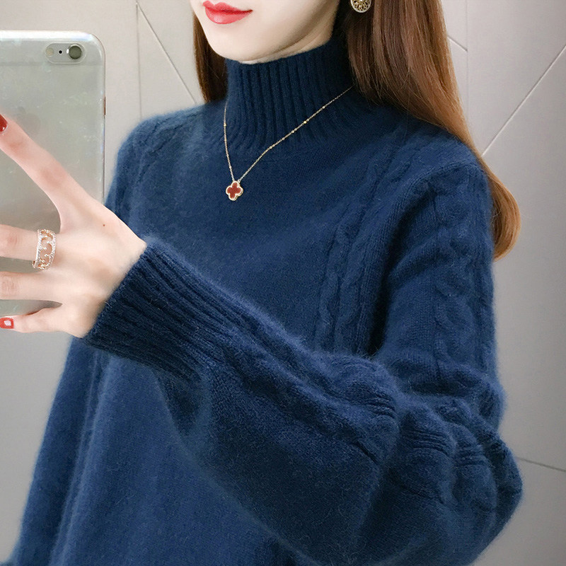 2210【半高领两条麻花毛衣】秋冬新款女士韩版宽松打底衫