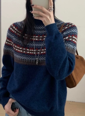 3707【半高领费尔岛提花毛衣】秋冬新款百搭女士针织衫外穿上衣