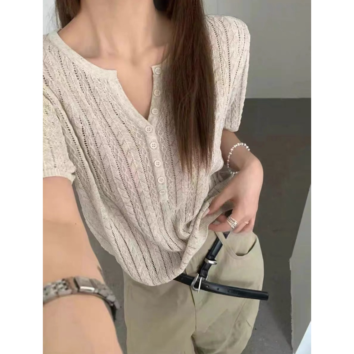 3937【麦穗钩花半开剪刀领针织衫】夏季新款韩版女士短袖宽松上衣