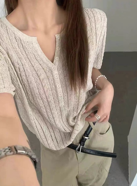 3937【麦穗钩花半开剪刀领针织衫】夏季新款韩版女士短袖宽松上衣