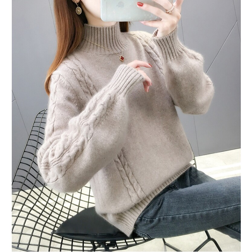 2234【半高领两条麻花毛衣】秋冬新款女士韩版宽松针织衫加厚