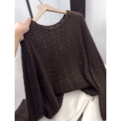 3776【一字领麦穗钩花针织衫】巨百搭！春季新款女士薄款上衣