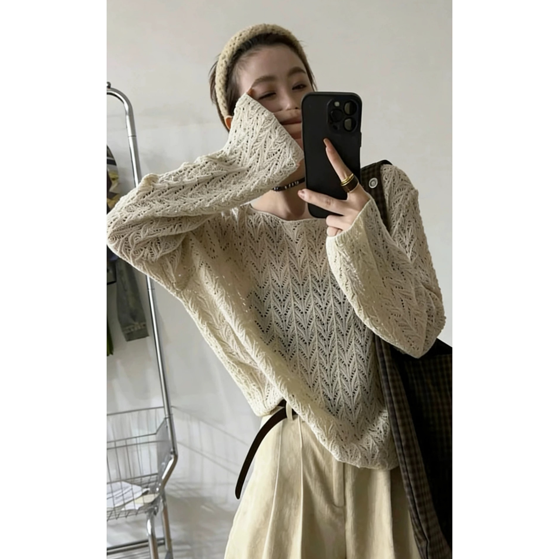 3777【一字领麦穗钩花针织衫】春季新款女士韩版薄款上衣