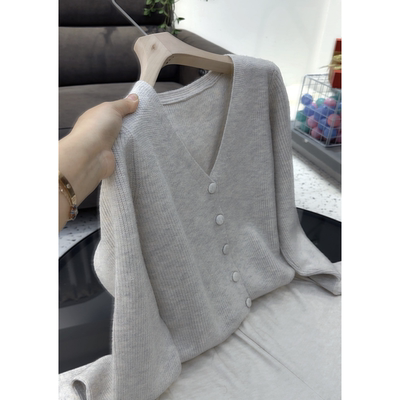 2198【短款V领包扣开衫】春季新款女士韩版针织衫宽松外穿毛衣