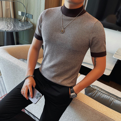 拼色半高领毛衣男款秋季2025新款高级感中领内搭针织衫短袖t恤男
