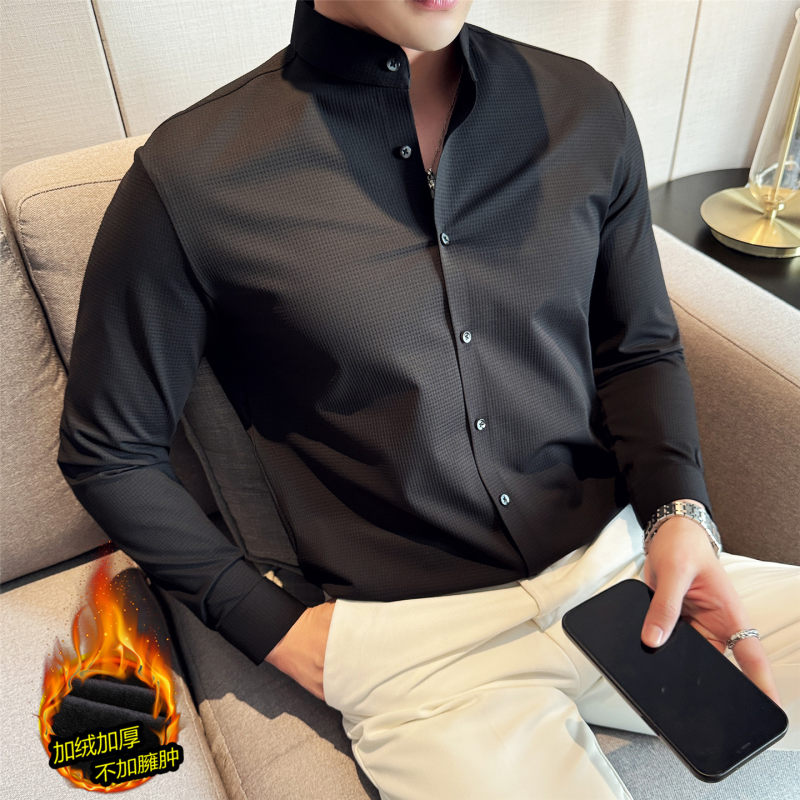高品质加绒加厚保暖衬衫男士时尚新中式立领长袖衬衣无痕商务上衣