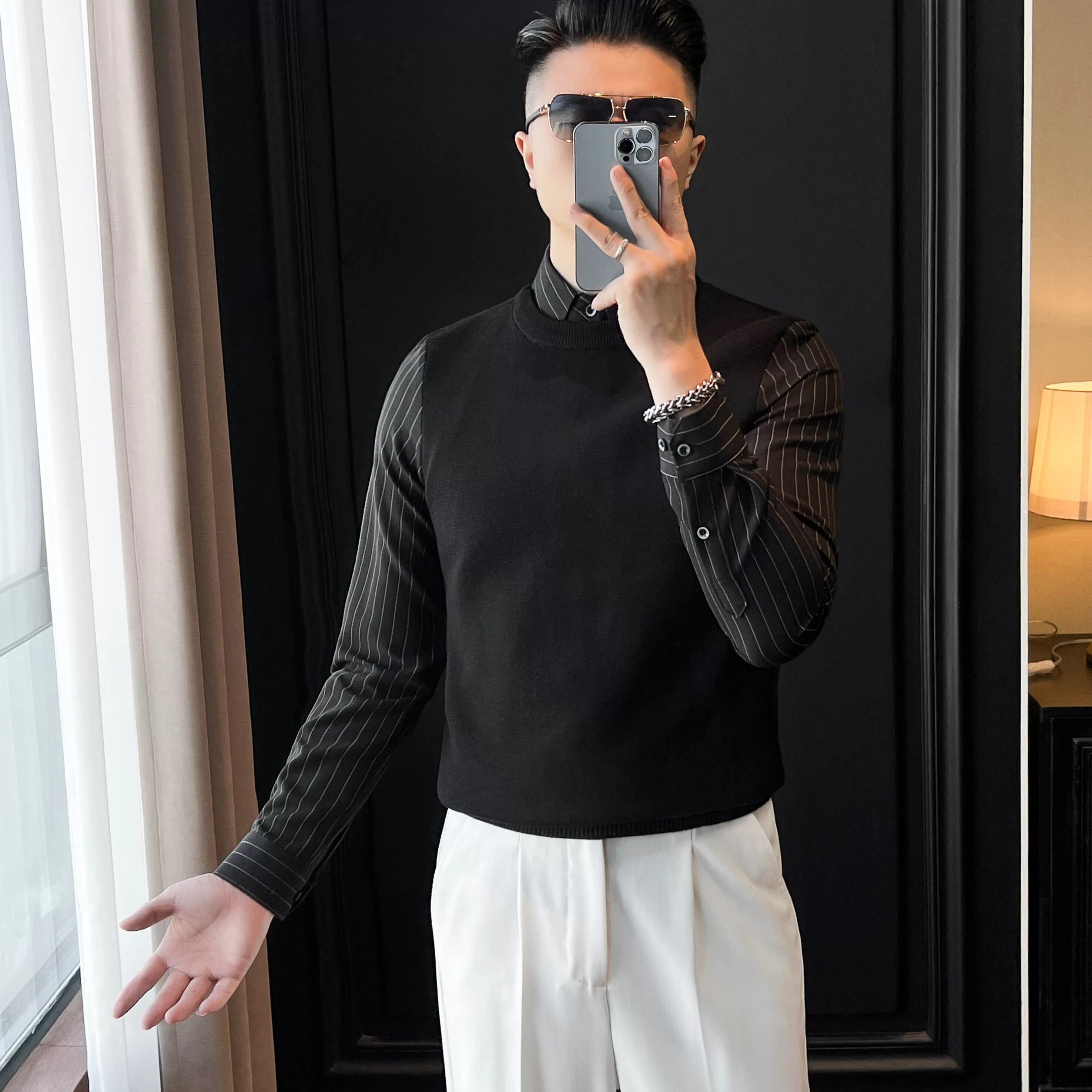 秋冬时尚衬衫领假两件针织衫商务休闲男士修身条纹保暖打底衫毛衣