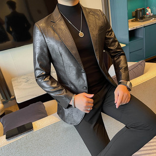 修身 男士 纯色西服外套暗纹皮夹克潮 英伦时尚 秋冬高级感休闲皮西装