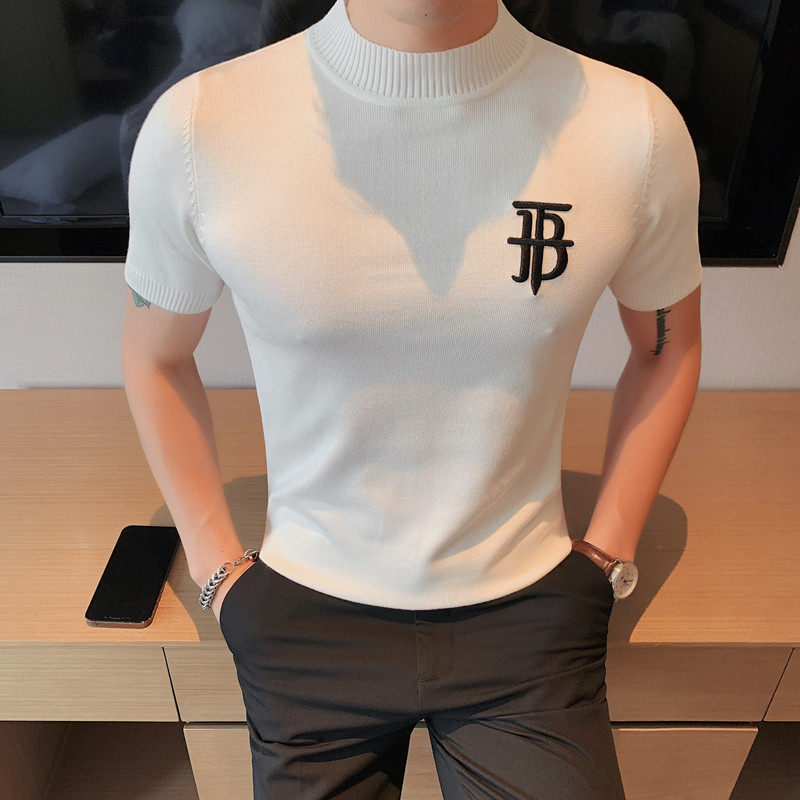 男士春夏半高领短袖针织衫T恤韩版修身男中领刺绣紧身弹力打底衫