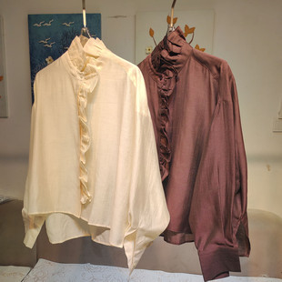 早春新款 亚麻天丝衬衫 优雅花边立领蝙蝠袖 老钱风新中式